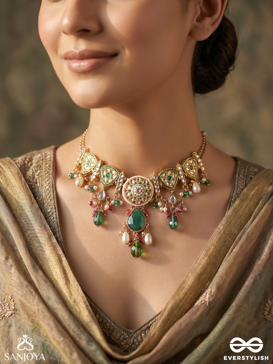 Quasira – Radiant Charm – Festive Necklace With Ornamental Panels And Dangling Gem Accents