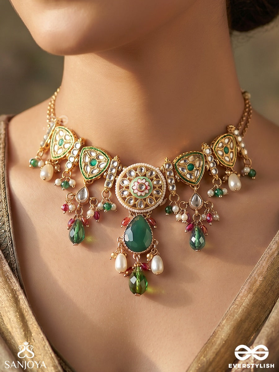 Quasira – Radiant Charm – Festive Necklace With Ornamental Panels And Dangling Gem Accents