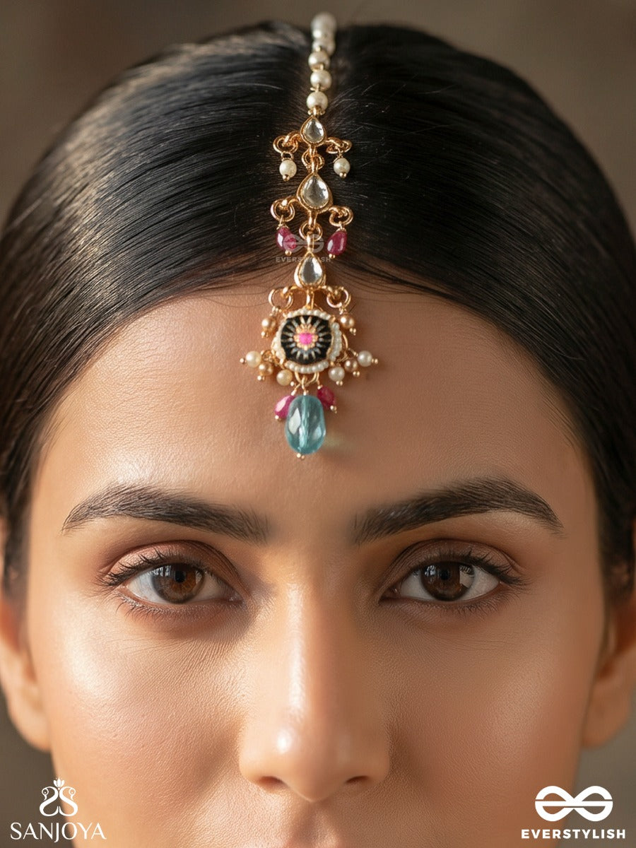 Mehranjali – Offering Of Radiance – Delicate Maangtika With Embellished Motifs, Flowing Details And Dangling Gem Accents