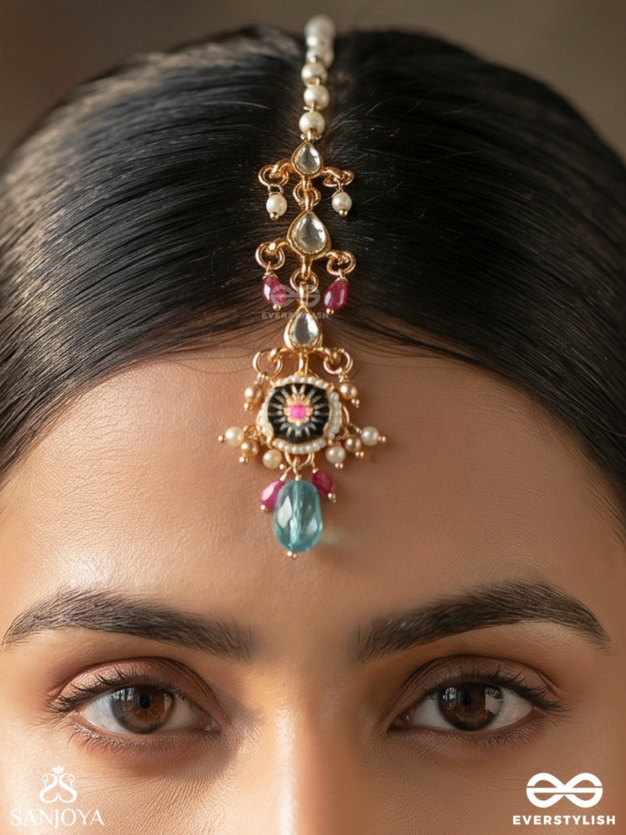 Mehranjali – Offering Of Radiance – Delicate Maangtika With Embellished Motifs, Flowing Details And Dangling Gem Accents