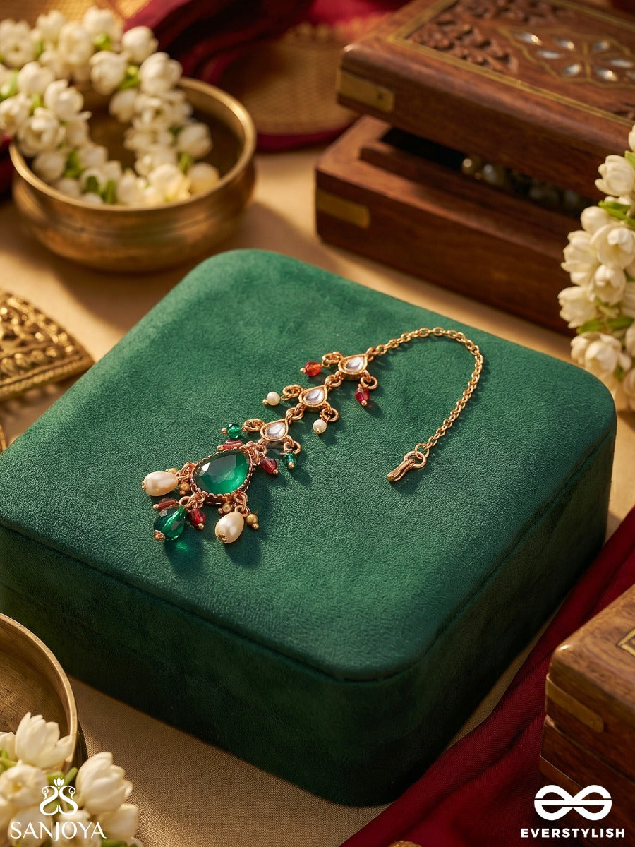 Quasira – Radiant Charm – Delicate Maangtika With Gemmed Motifs, Flowing Details And Dangling Stone Accents
