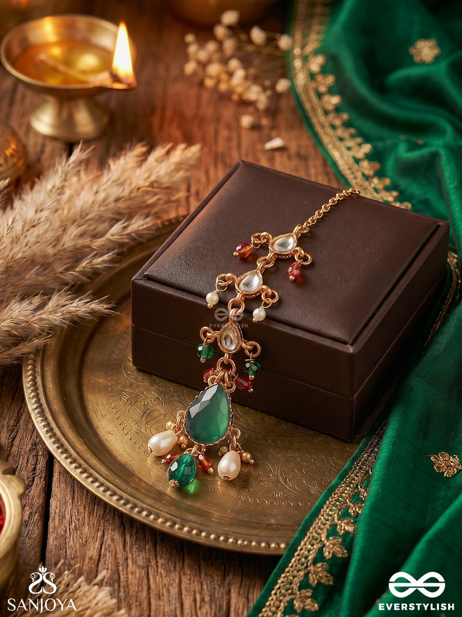 Quasira – Radiant Charm – Delicate Maangtika With Gemmed Motifs, Flowing Details And Dangling Stone Accents