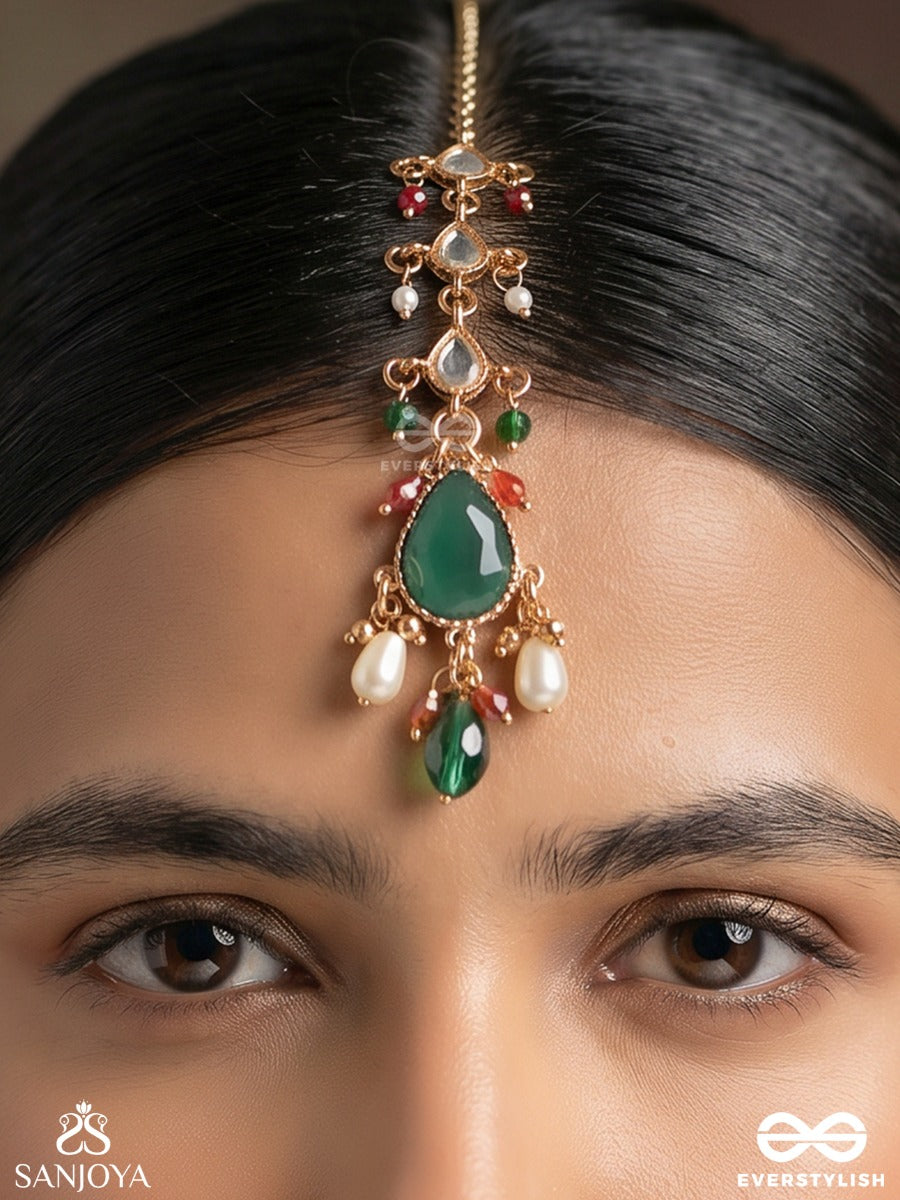 Quasira – Radiant Charm – Delicate Maangtika With Gemmed Motifs, Flowing Details And Dangling Stone Accents