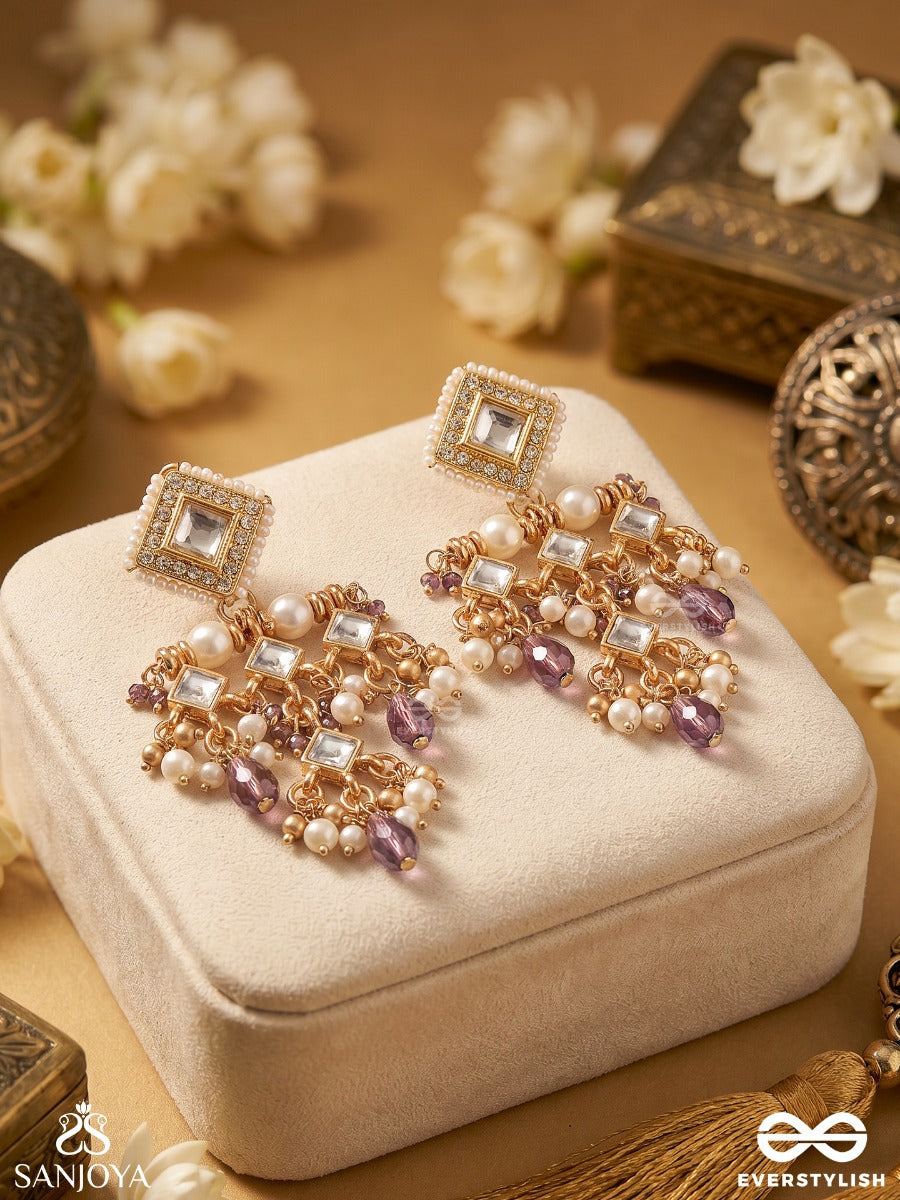 Mehertaara – Radiant Star – Ornate Earrings With Geometric Motifs, Pearl Clusters And Lilac Drop Accents