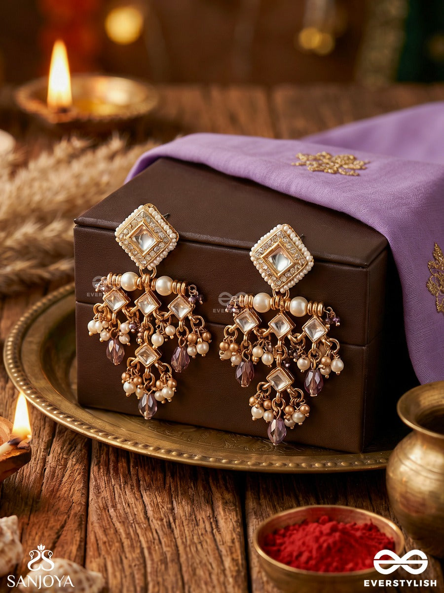 Mehertaara – Radiant Star – Ornate Earrings With Geometric Motifs, Pearl Clusters And Lilac Drop Accents