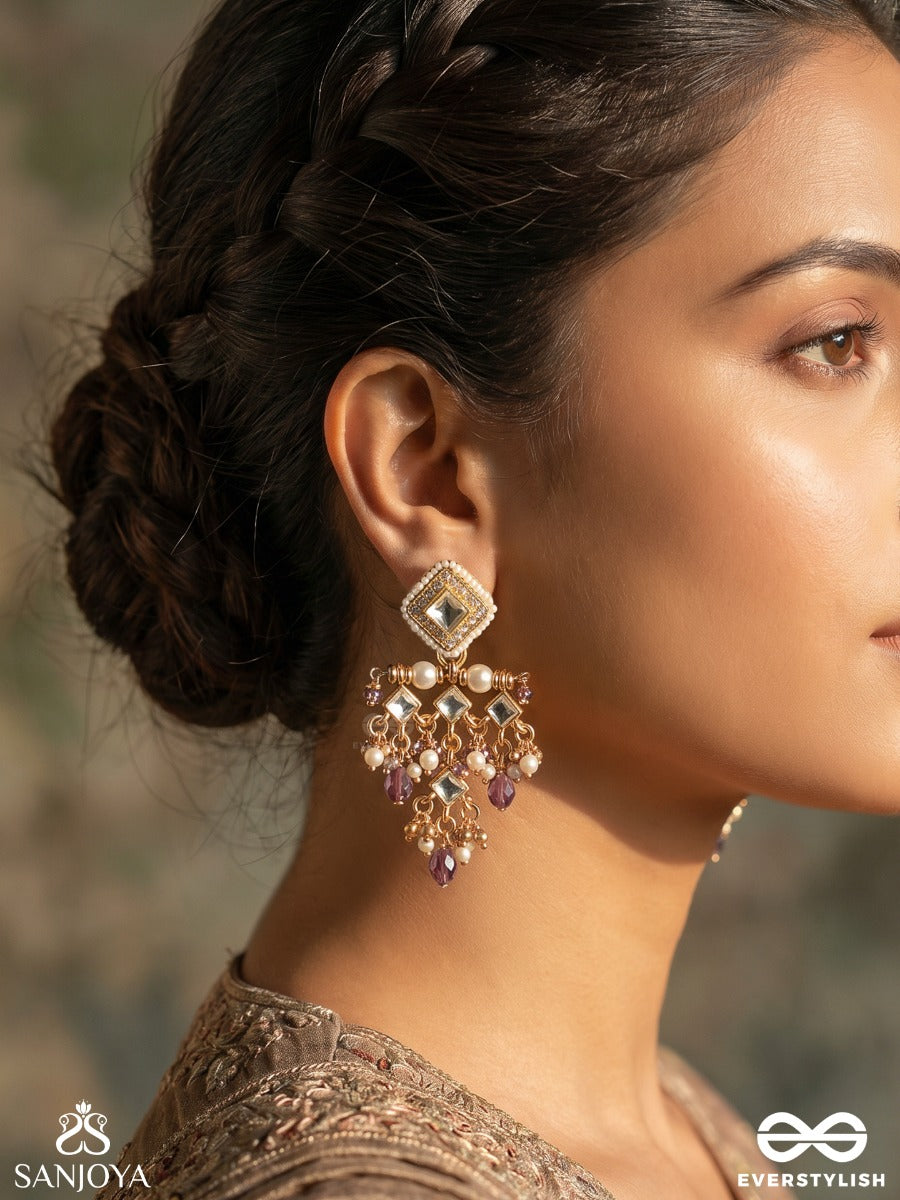 Mehertaara – Radiant Star – Ornate Earrings With Geometric Motifs, Pearl Clusters And Lilac Drop Accents