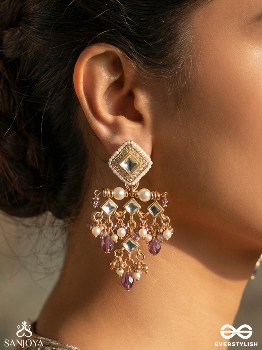 Mehertaara – Radiant Star – Ornate Earrings With Geometric Motifs, Pearl Clusters And Lilac Drop Accents
