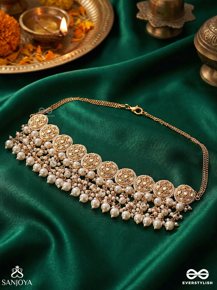 Raunaqbahar – Garden Of Splendour – Statement Choker With Ornamental Kundan Links And Multi-Layer Pearl Accents