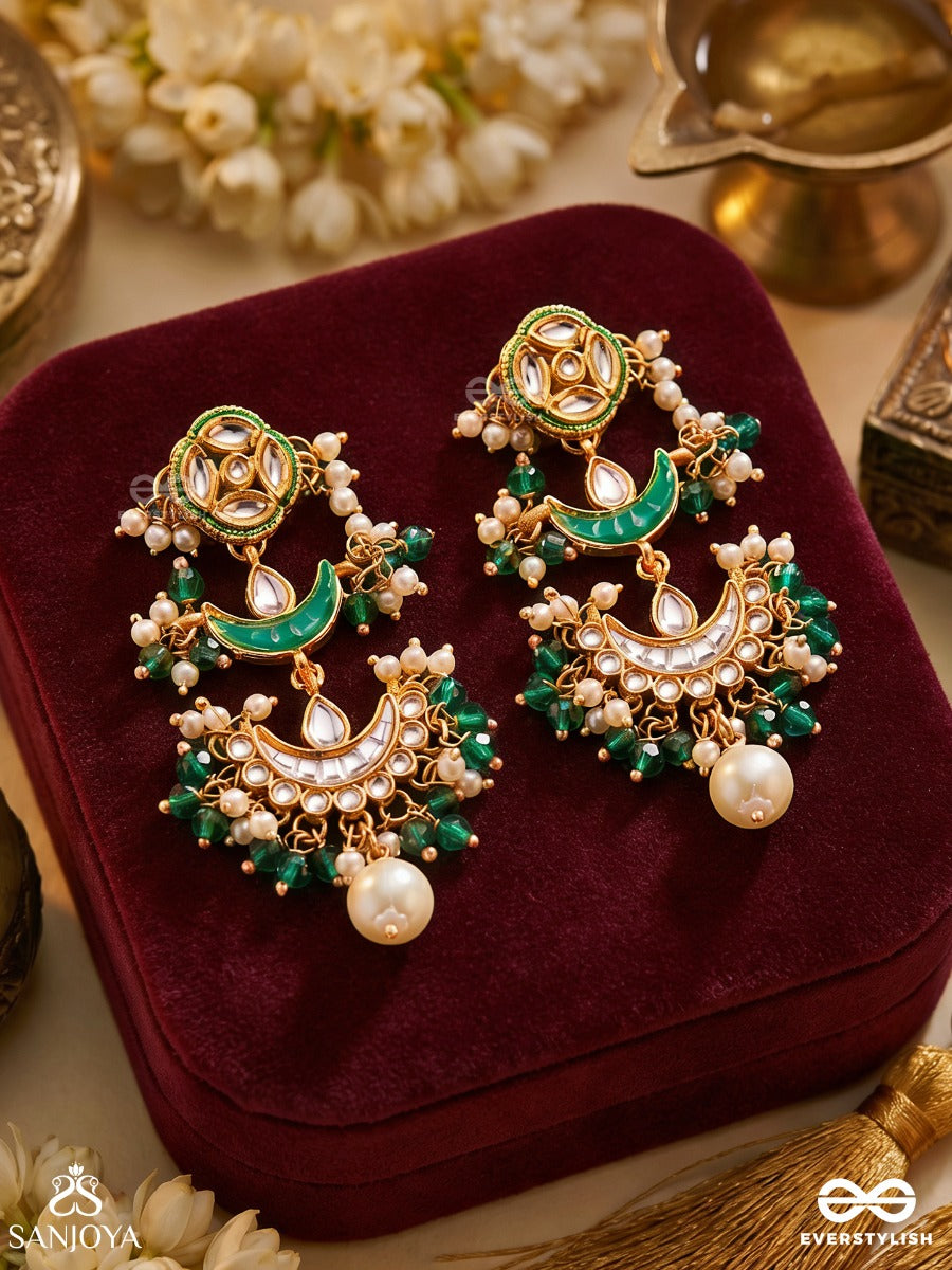 Mehrchandri – Radiant Moonlight – Ornate Earrings With Enamelled Crescent Motifs And Dangling Pearl Accents
