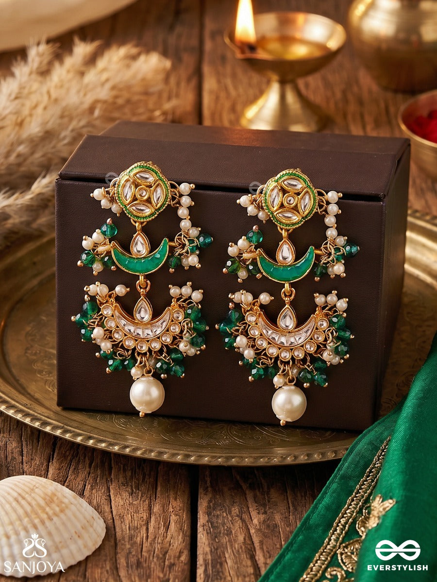 Mehrchandri – Radiant Moonlight – Ornate Earrings With Enamelled Crescent Motifs And Dangling Pearl Accents