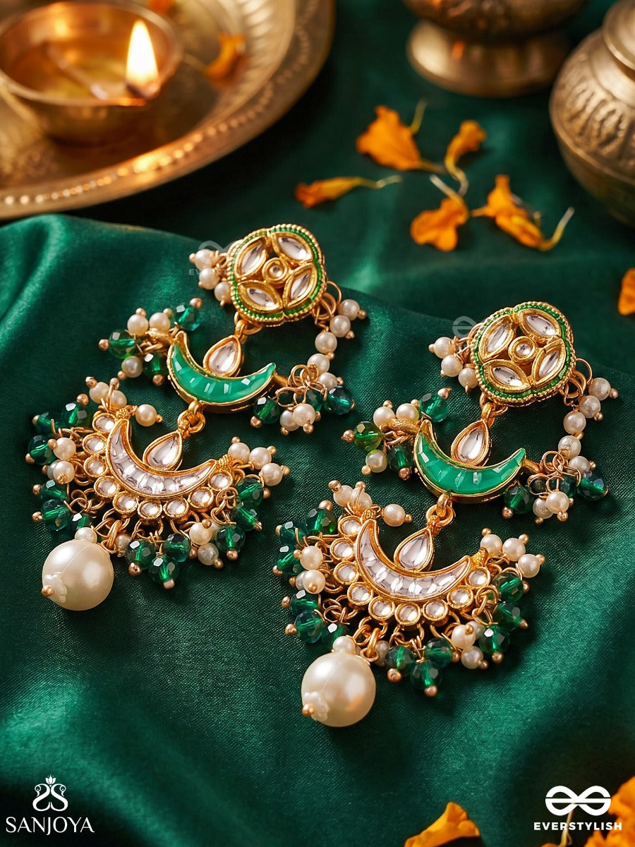 Mehrchandri – Radiant Moonlight – Ornate Earrings With Enamelled Crescent Motifs And Dangling Pearl Accents