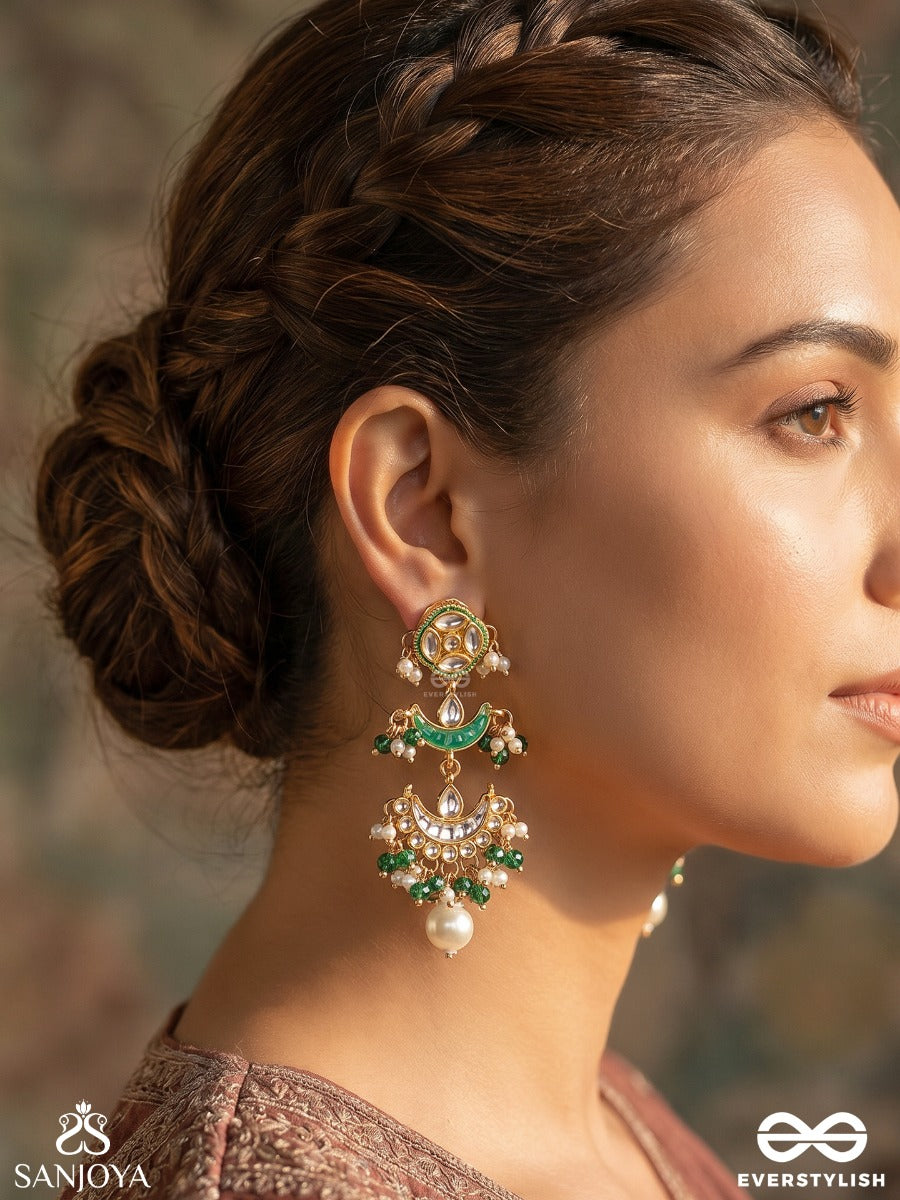Mehrchandri – Radiant Moonlight – Ornate Earrings With Enamelled Crescent Motifs And Dangling Pearl Accents