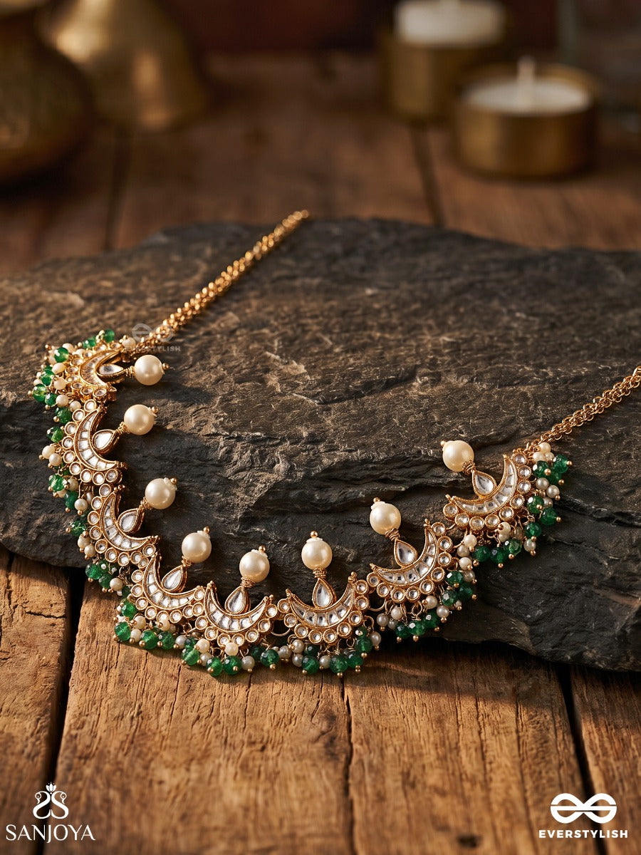 Mehrchandri – Radiant Moonlight – Ornate Choker Necklace With Layered Crescent Motifs, Pearl Fringes And Flowing Gem Accents