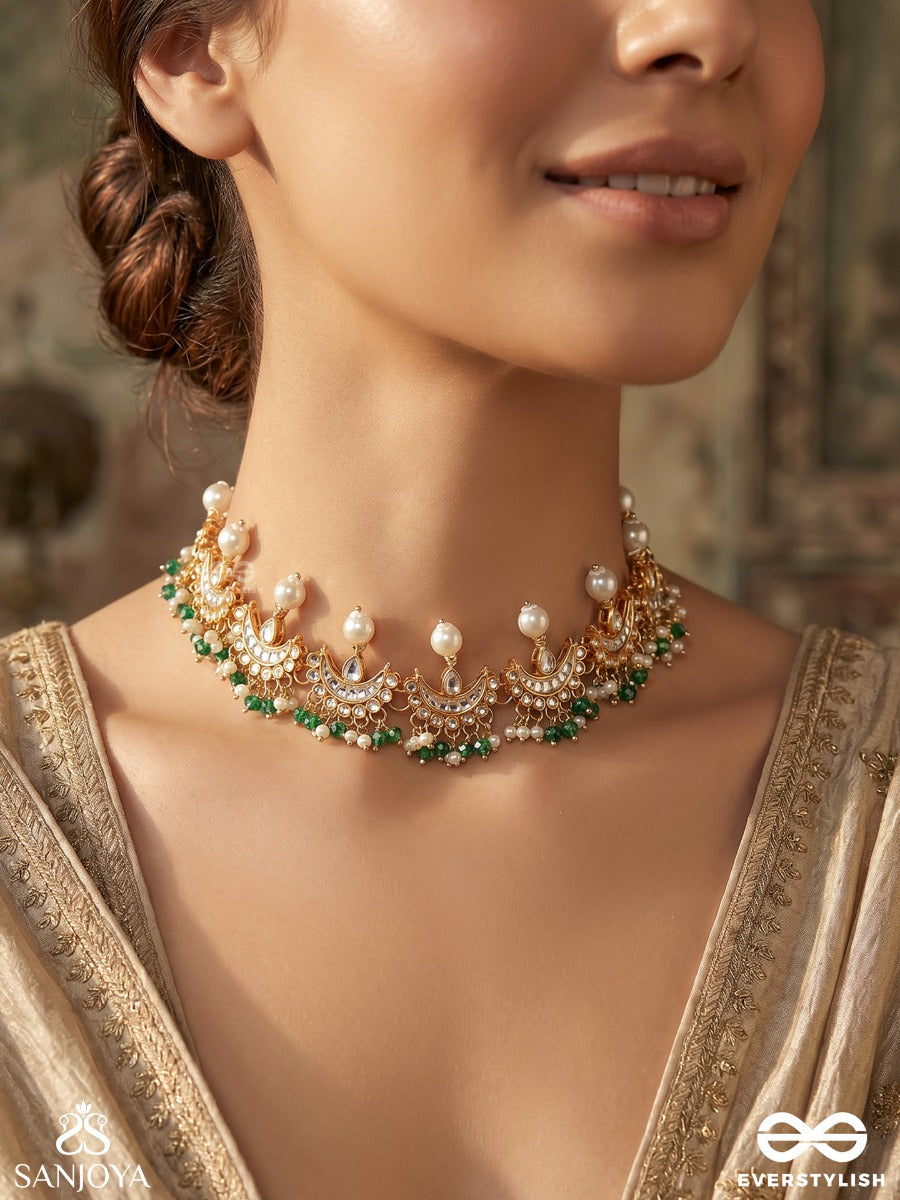 Mehrchandri – Radiant Moonlight – Ornate Choker Necklace With Layered Crescent Motifs, Pearl Fringes And Flowing Gem Accents