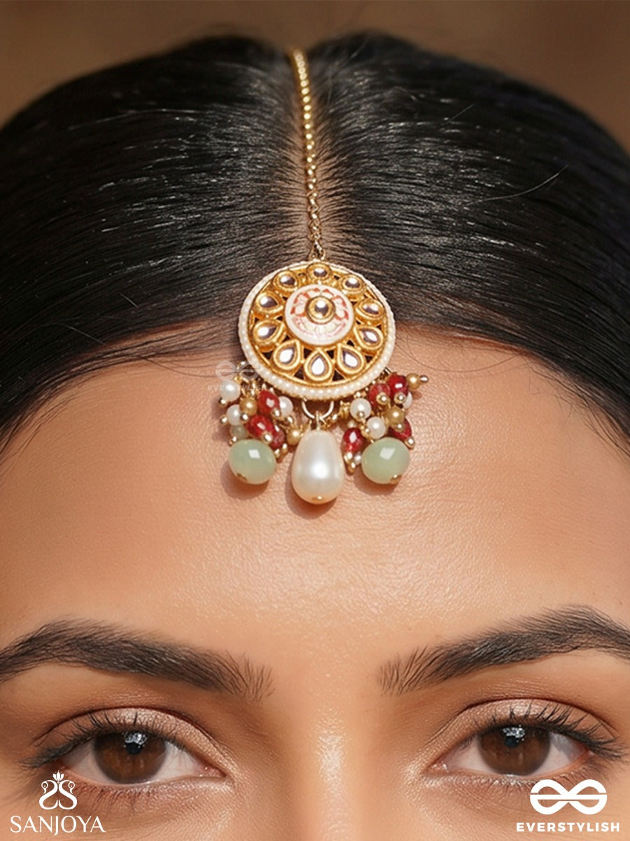 Raunaqbahar – Garden Of Splendour – Delicate Maangtika With Gemmed Motifs, Pearl Drops And Flowing Stone Accents