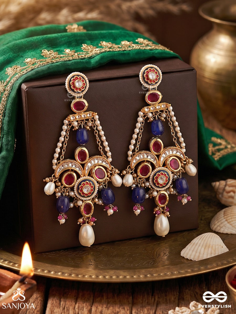 Surkhnoori – Crimson Radiance – Ornate Earrings With Crescent Motifs, Royal Blue Drops And Pearl Accents