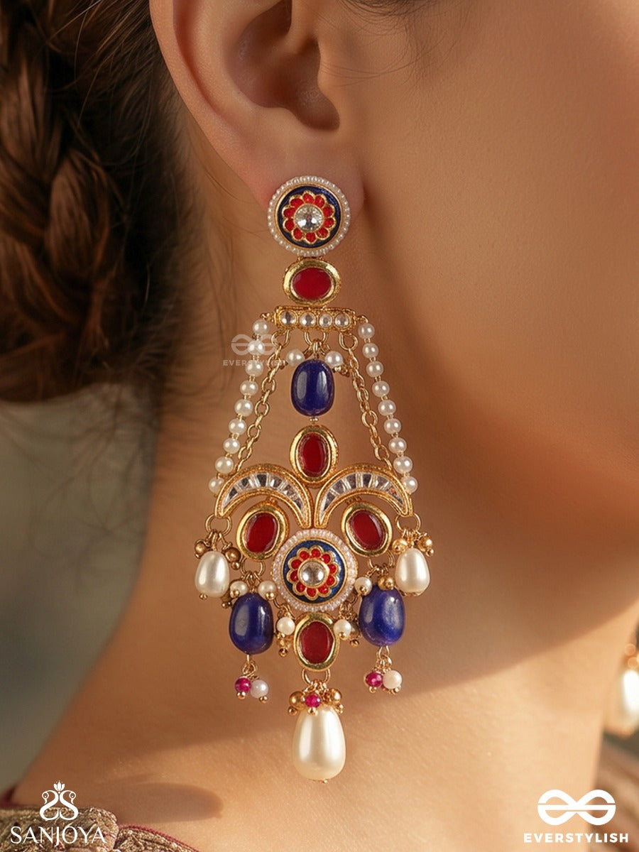 Surkhnoori – Crimson Radiance – Ornate Earrings With Crescent Motifs, Royal Blue Drops And Pearl Accents