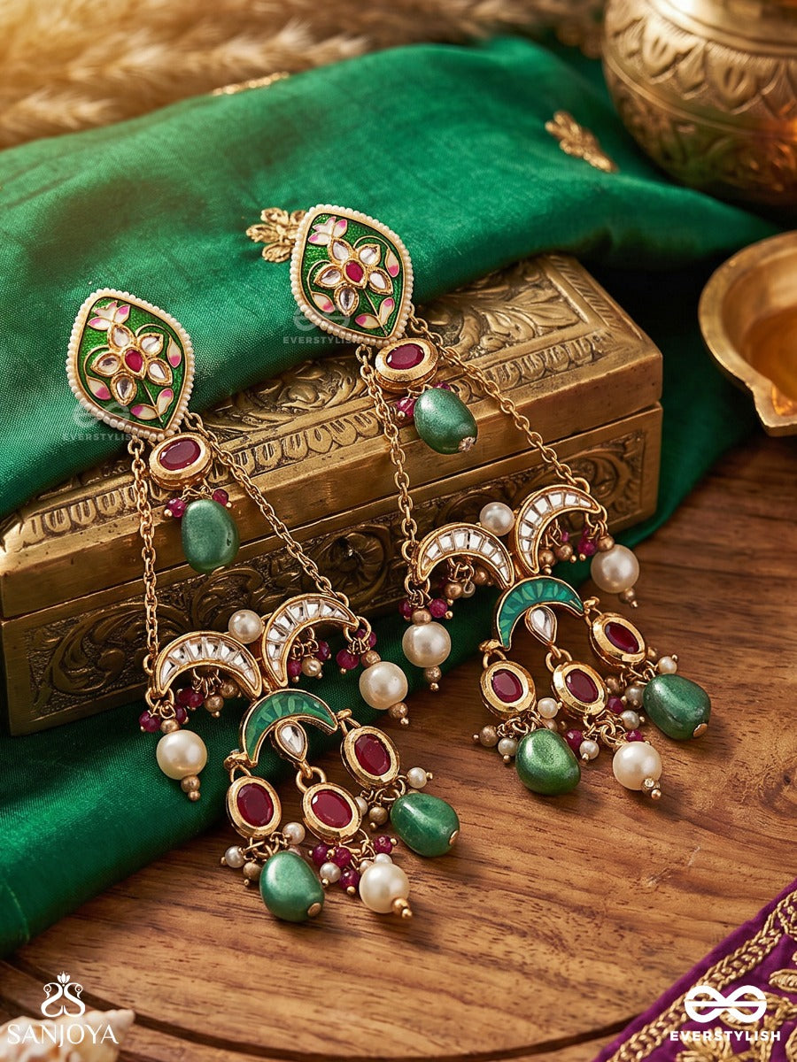 Tajmeena – Crowned Beauty – Ornate Earrings With Enamelled Motifs, Gemmed Chains And Dangling Pearl Accents