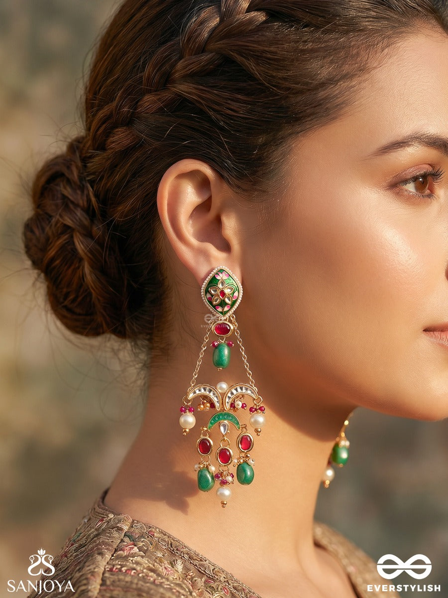 Tajmeena – Crowned Beauty – Ornate Earrings With Enamelled Motifs, Gemmed Chains And Dangling Pearl Accents