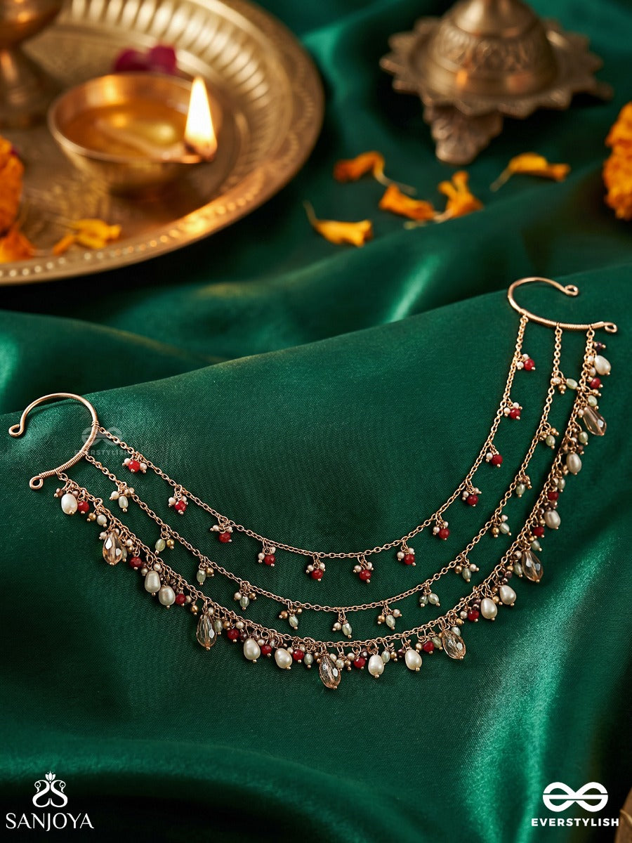 Yakshnoor – Celestial Glow – Elegant Earcuff Hair Chain Accessory With Layered Chains, Delicate Pearl Strands And Gem Accents