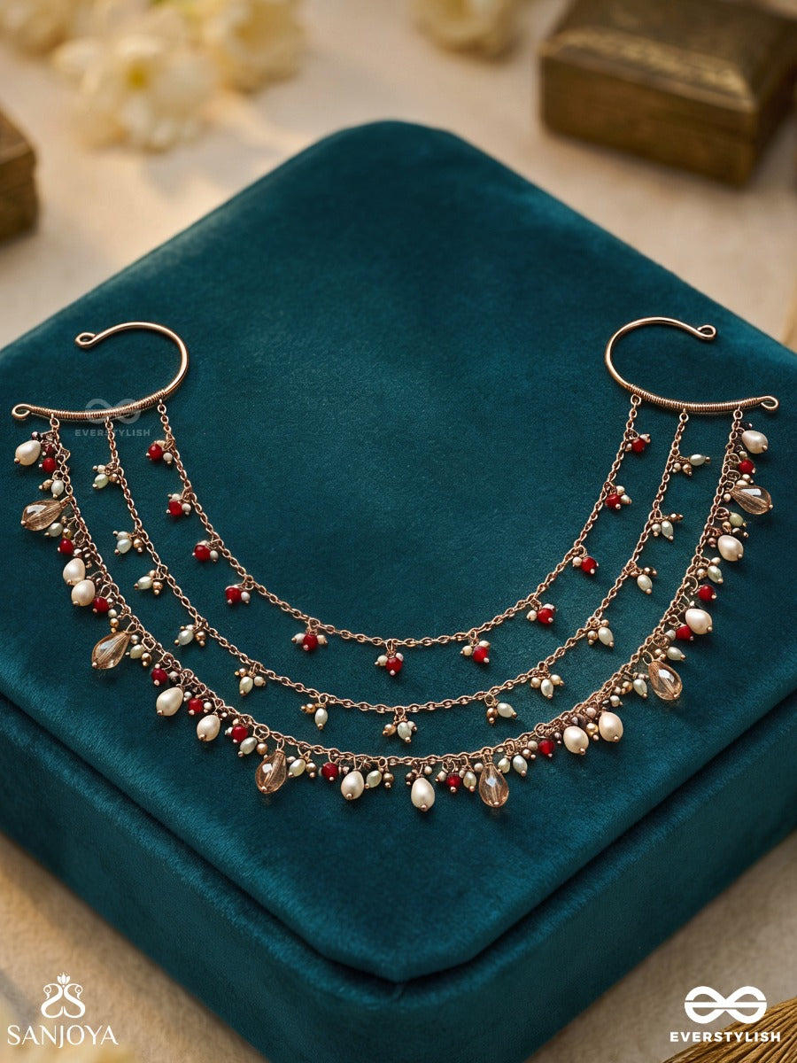 Yakshnoor – Celestial Glow – Elegant Earcuff Hair Chain Accessory With Layered Chains, Delicate Pearl Strands And Gem Accents