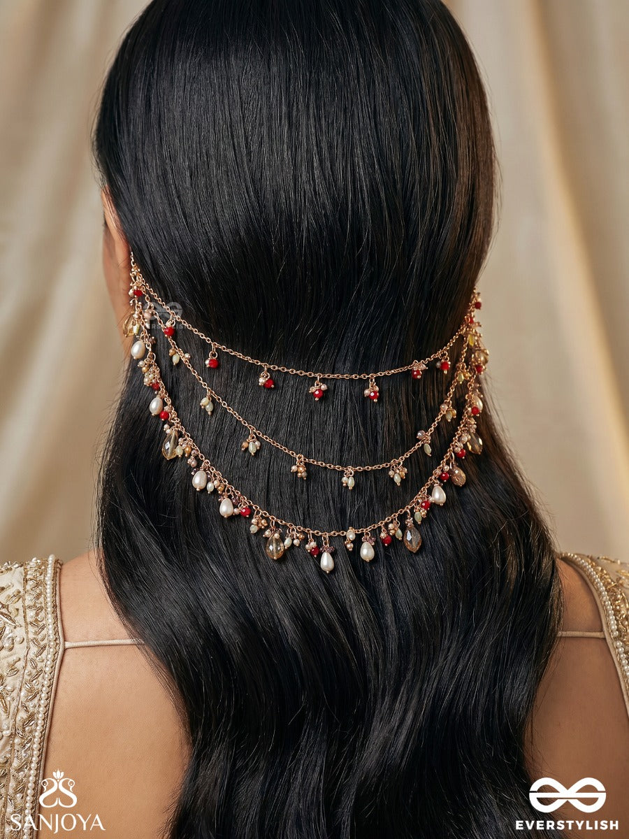 Yakshnoor – Celestial Glow – Elegant Earcuff Hair Chain Accessory With Layered Chains, Delicate Pearl Strands And Gem Accents