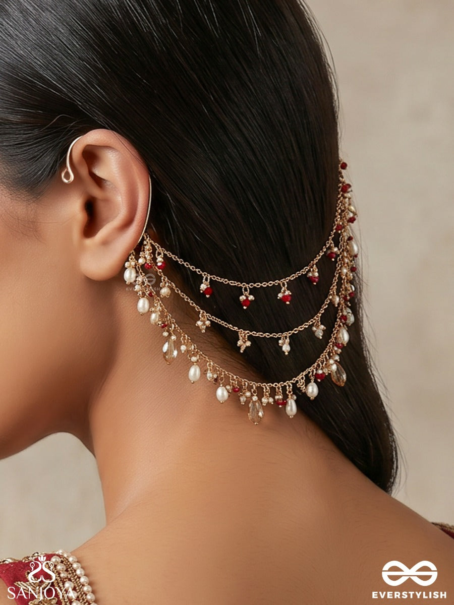 Yakshnoor – Celestial Glow – Elegant Earcuff Hair Chain Accessory With Layered Chains, Delicate Pearl Strands And Gem Accents