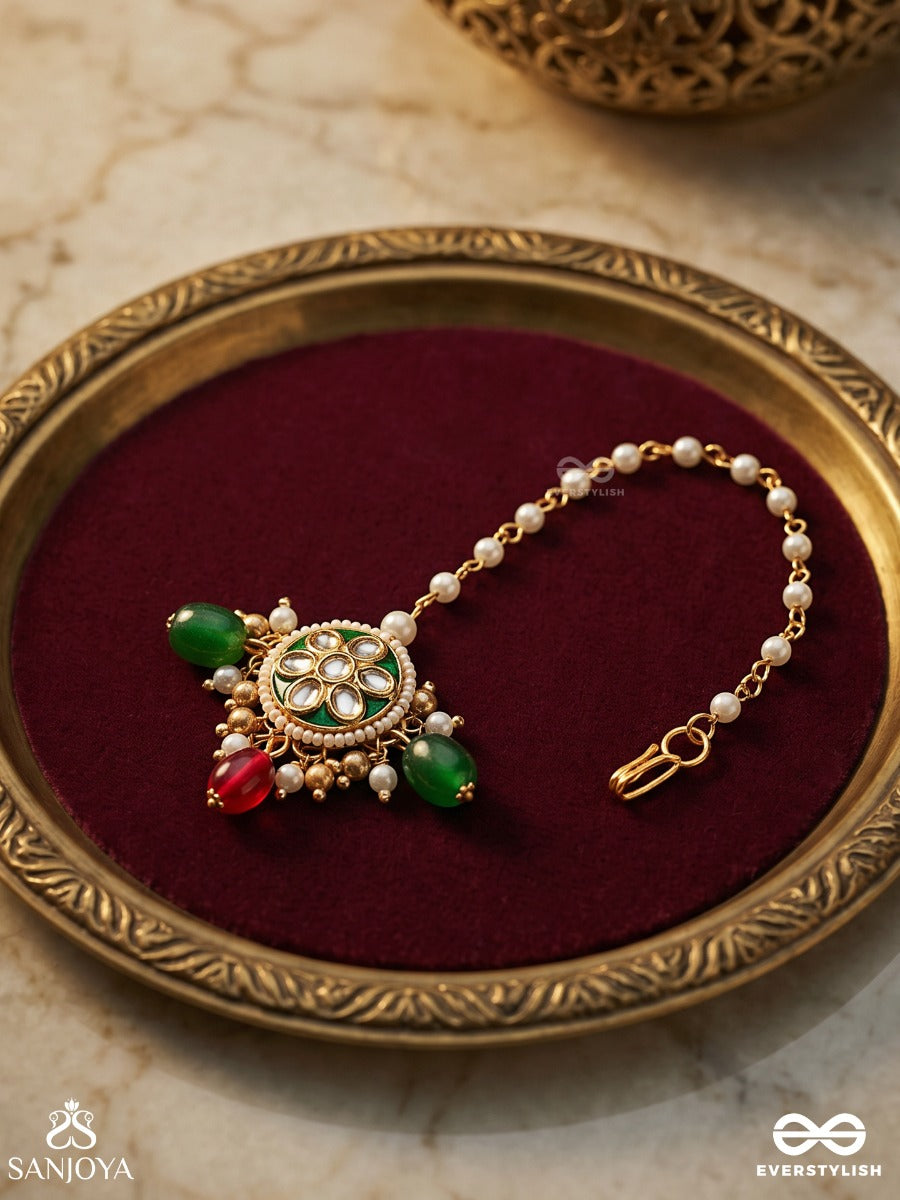 Rukhshaan – Luminous Beauty – Statement Maangtika With Ornamental Motifs And Dangling Pearl Elements