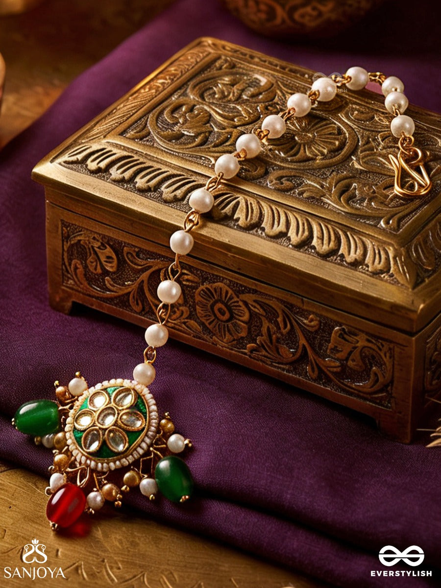 Rukhshaan – Luminous Beauty – Statement Maangtika With Ornamental Motifs And Dangling Pearl Elements
