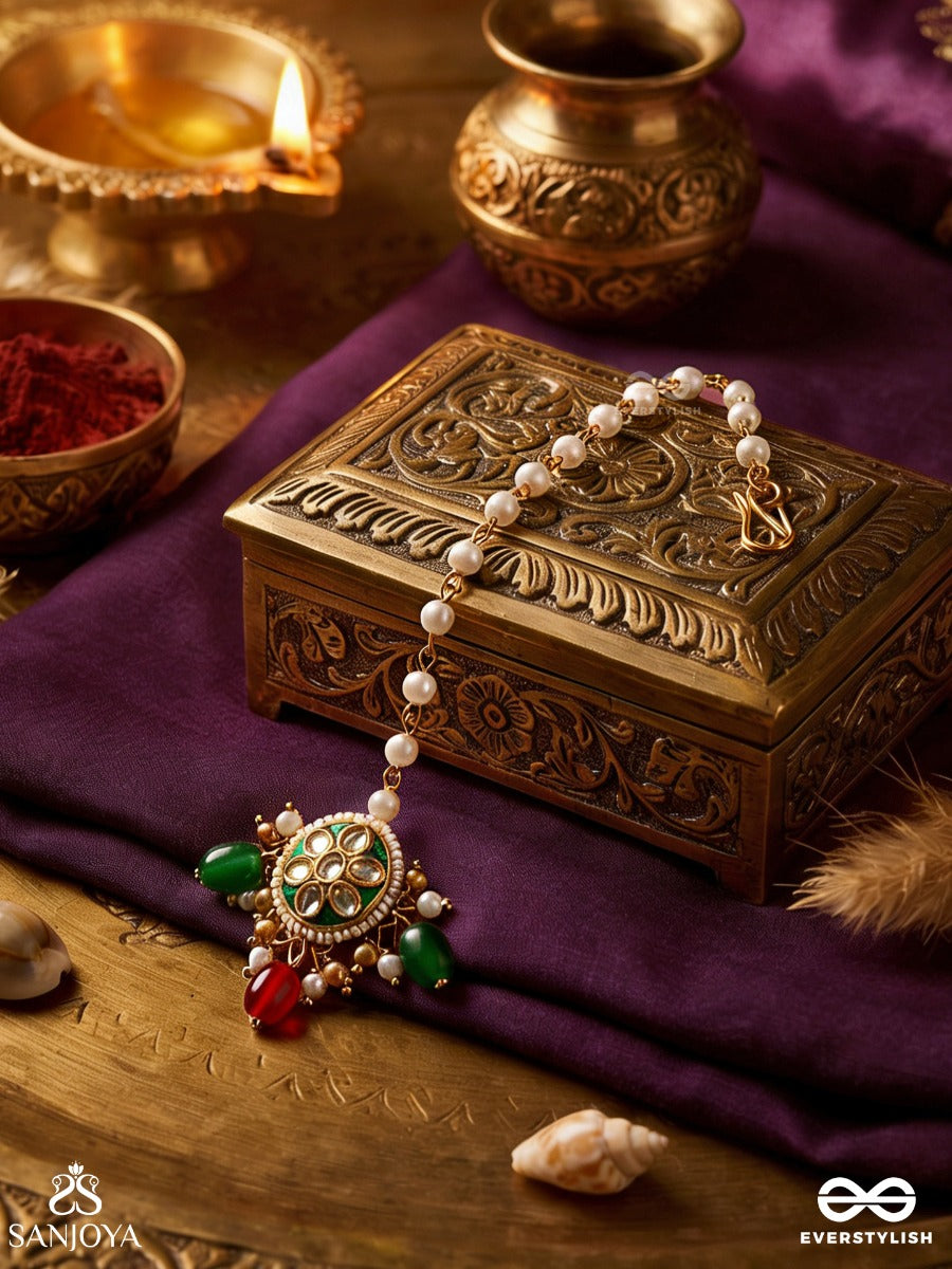 Rukhshaan – Luminous Beauty – Statement Maangtika With Ornamental Motifs And Dangling Pearl Elements