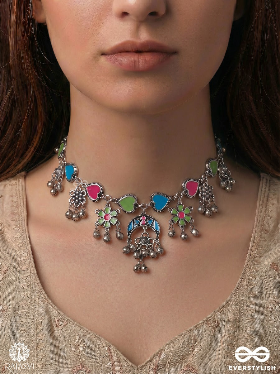 Sultanaa Jhilrang – Oxidised Statement Necklace With Multicolor Heart Motifs
