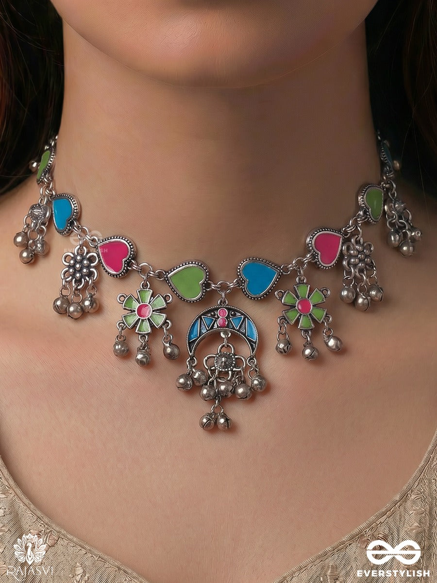 Sultanaa Jhilrang – Oxidised Statement Necklace With Multicolor Heart Motifs
