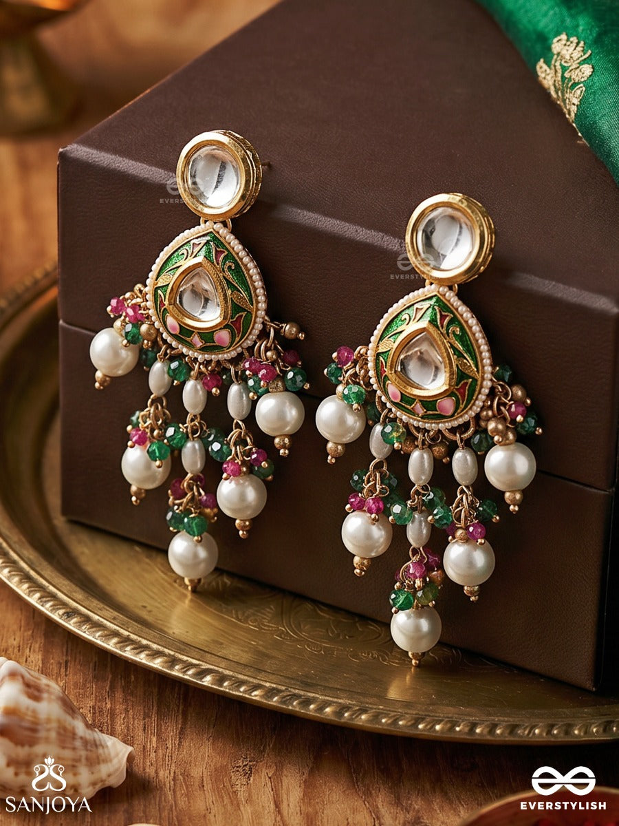 Mehrangana – Courtyard Of Radiance – Festive Earrings With Multi-Stone Details And Flowing Pearl Elements