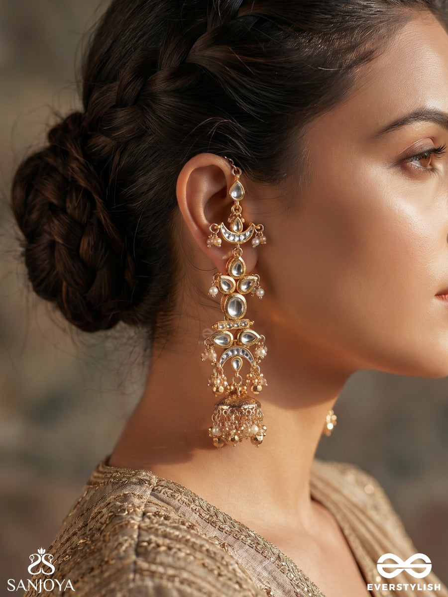Virashini – Royal Brilliance – Traditional Straight Kaan Chain Earrings With Flowing Stone Motifs, Delicate Bead Detailing And Statement Jhumka Ends