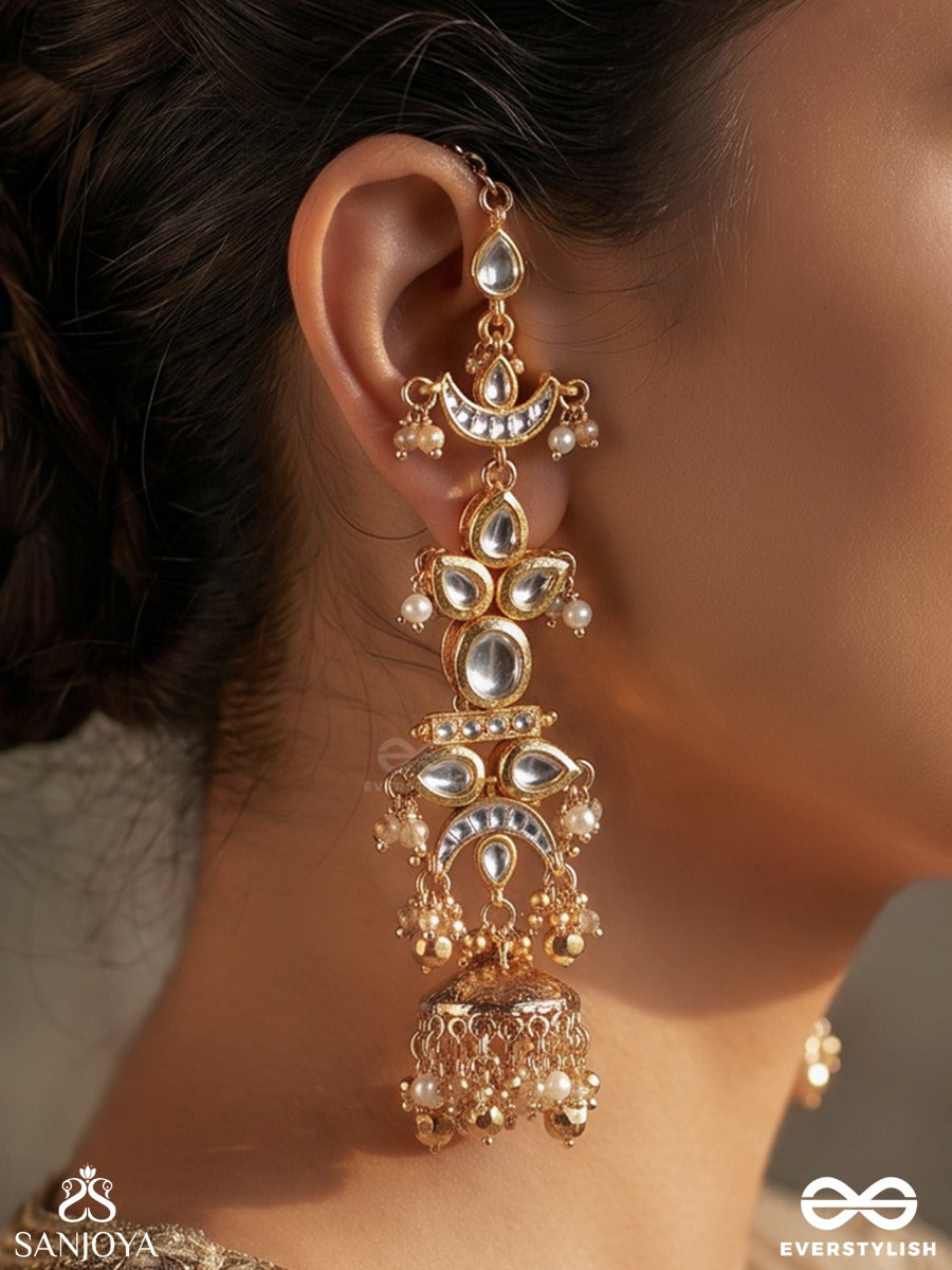 Virashini – Royal Brilliance – Traditional Straight Kaan Chain Earrings With Flowing Stone Motifs, Delicate Bead Detailing And Statement Jhumka Ends