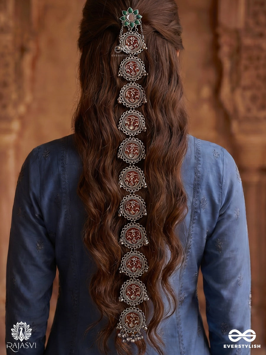 Sindoor Lehar - Oxidised Hair Accessory With Red Stone Motifs And Flowing Chain Design