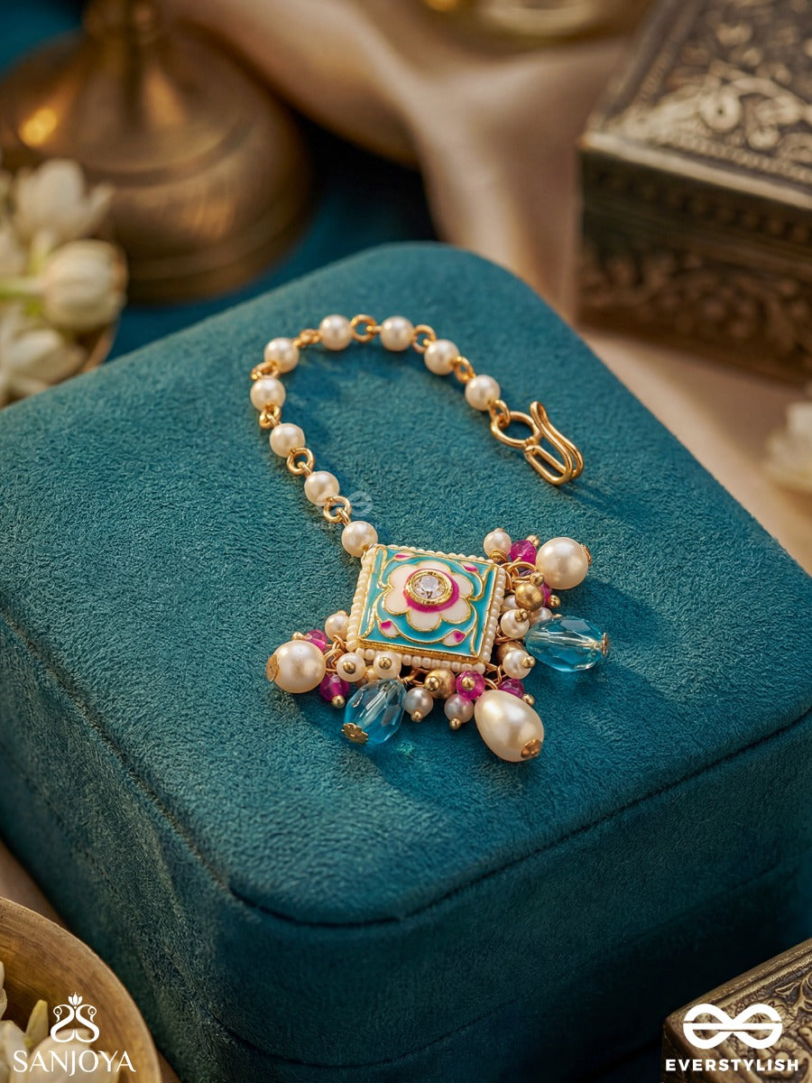 Chitrapradipa - Ornate Light – Ornate Maangtika With Flower-Inspired Center, White Pearl Accents And Soft Blue Danglers