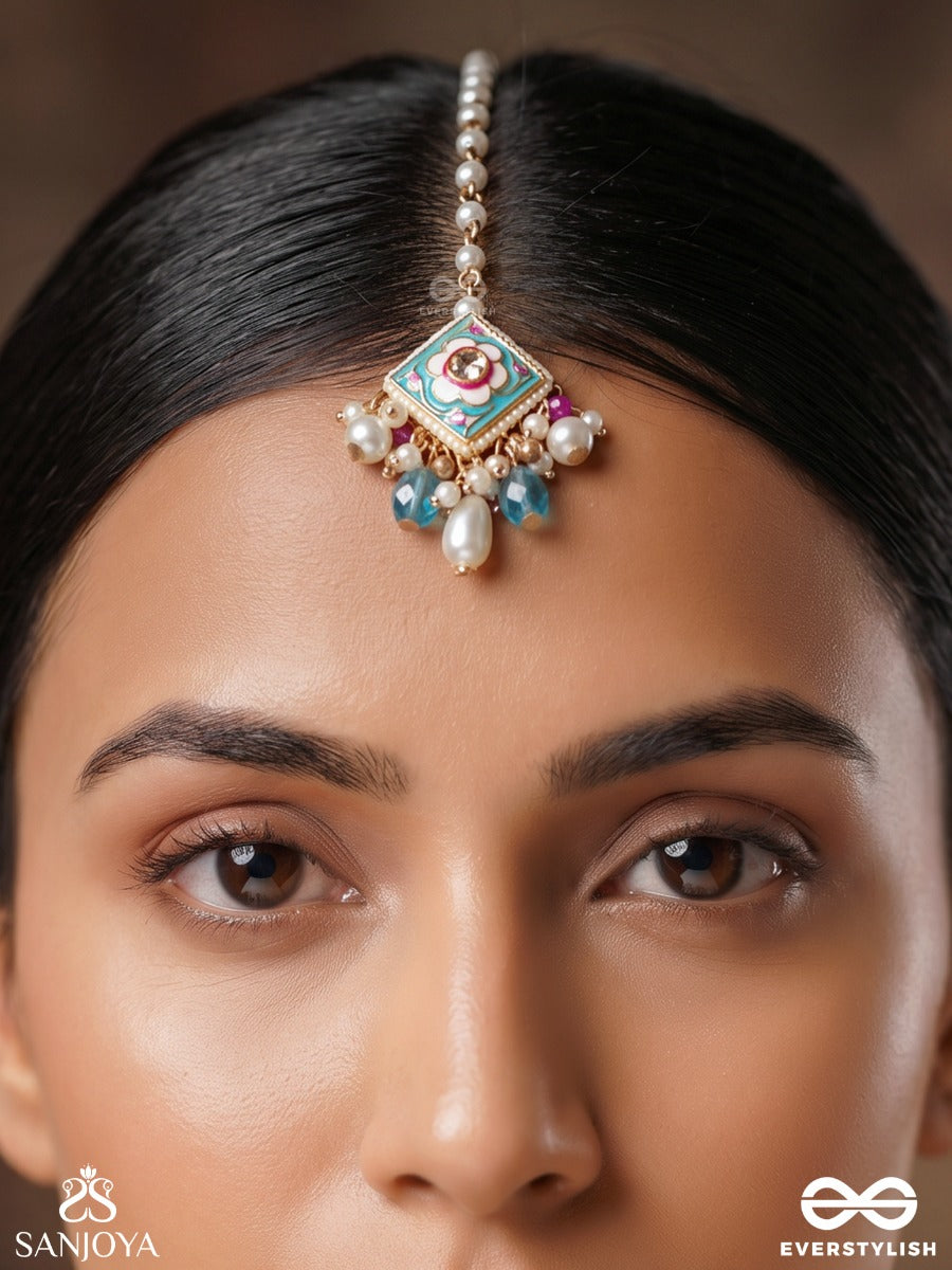 Chitrapradipa - Ornate Light – Ornate Maangtika With Flower-Inspired Center, White Pearl Accents And Soft Blue Danglers