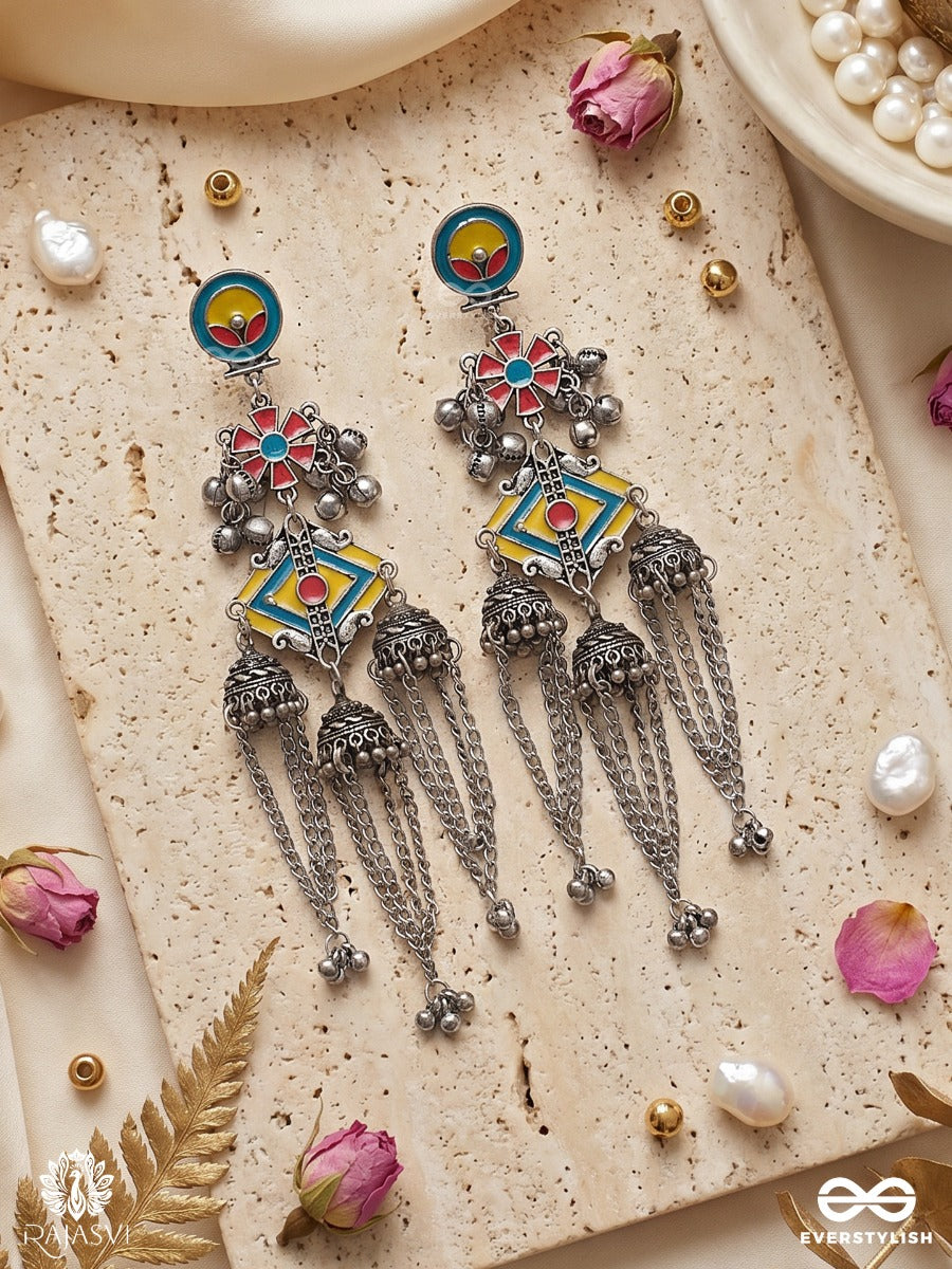 Peeli Mandali - Oxidised Statement Earrings With Yellow Enamel Centre And Silver Ghungroo Clusters