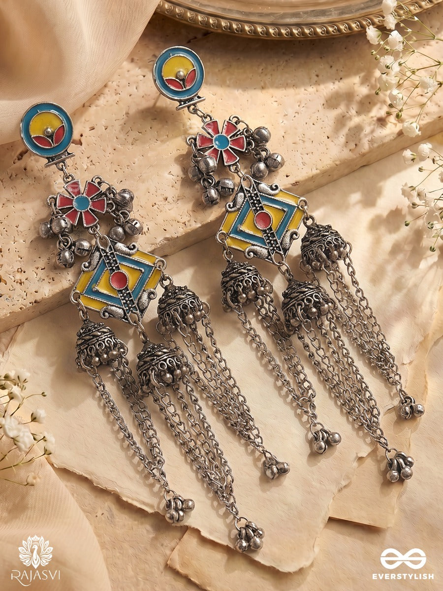 Peeli Mandali - Oxidised Statement Earrings With Yellow Enamel Centre And Silver Ghungroo Clusters