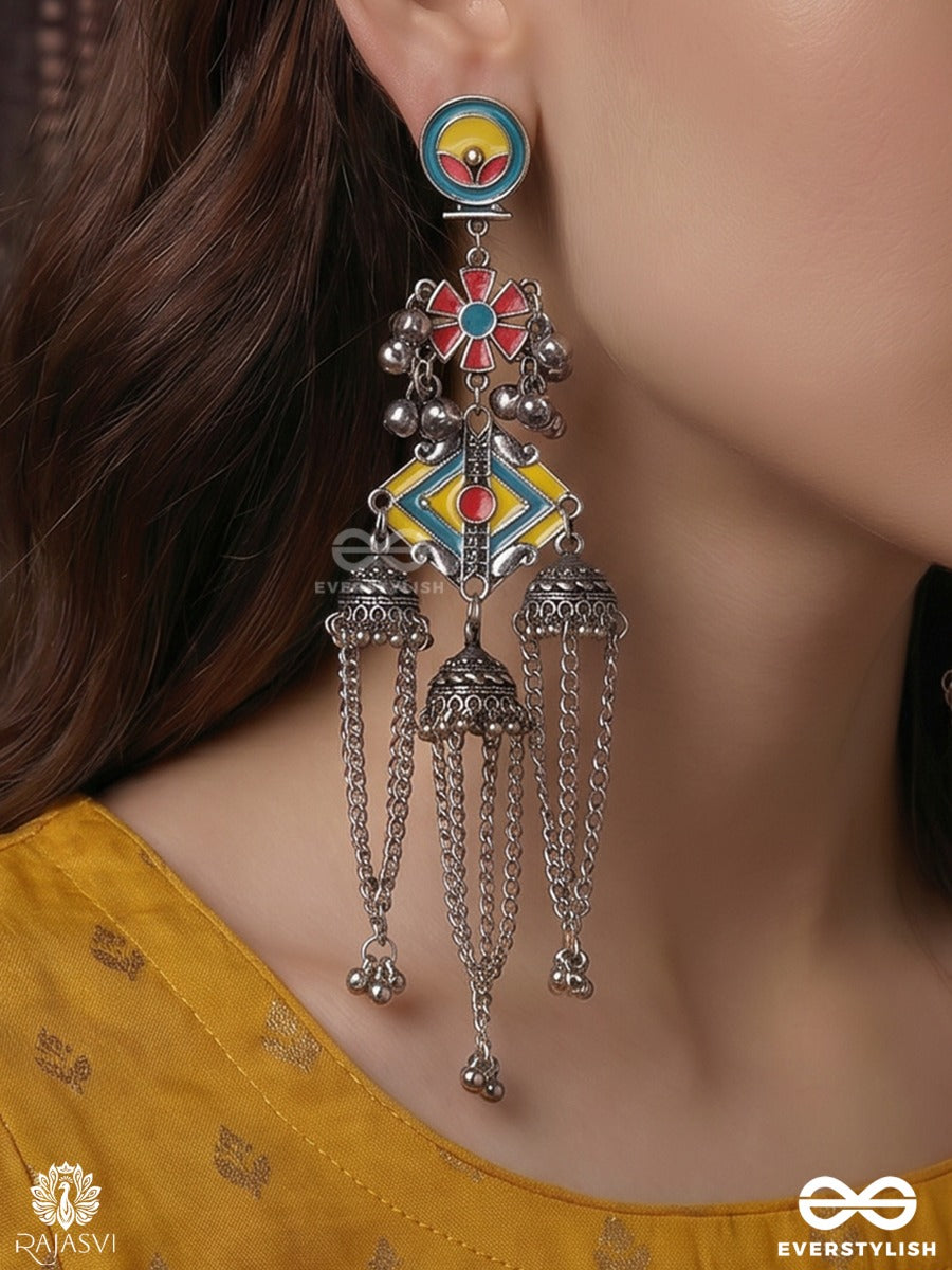 Peeli Mandali - Oxidised Statement Earrings With Yellow Enamel Centre And Silver Ghungroo Clusters