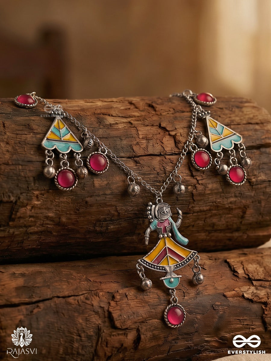 Rang Manch - Oxidised Statement Necklace With Puppet Pendant And Ghungroo Drops