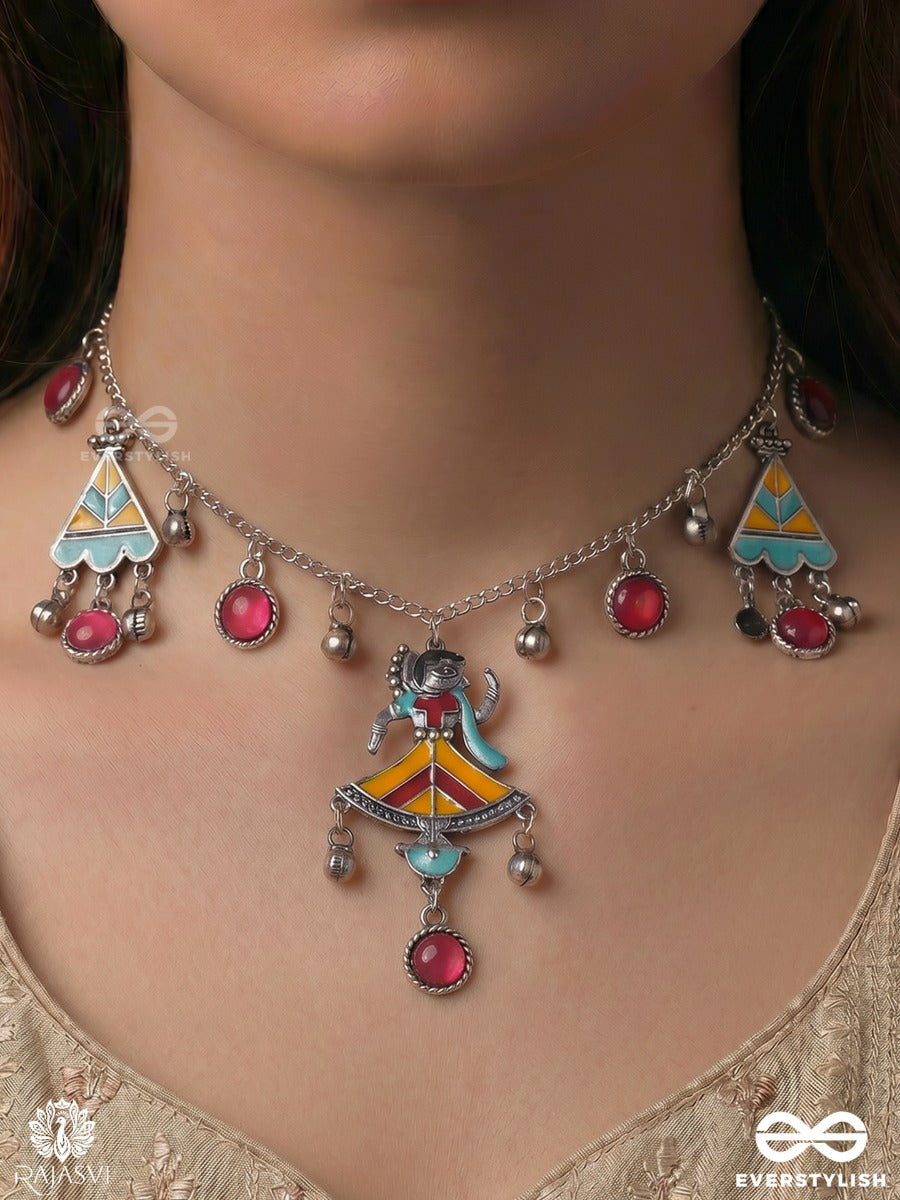 Rang Manch - Oxidised Statement Necklace With Puppet Pendant And Ghungroo Drops