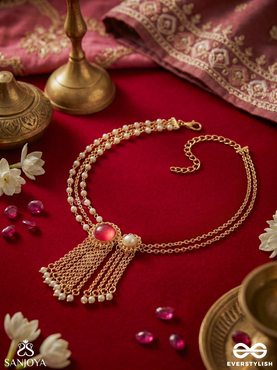 Prerisha – Inspired Beauty – Ornate Necklace With Decorative Round Elements, Pearl Side Strands And Flowing Chain Hangings
