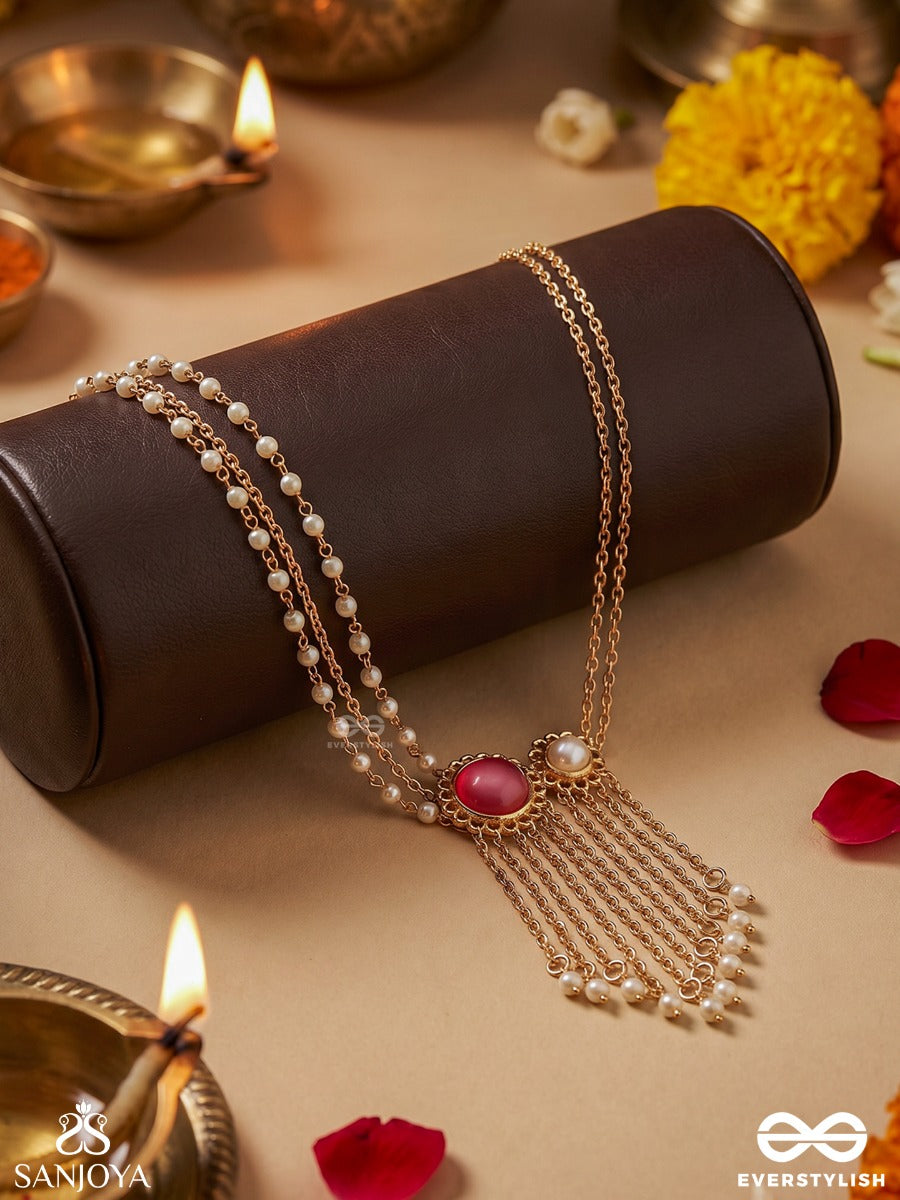Prerisha – Inspired Beauty – Ornate Necklace With Decorative Round Elements, Pearl Side Strands And Flowing Chain Hangings