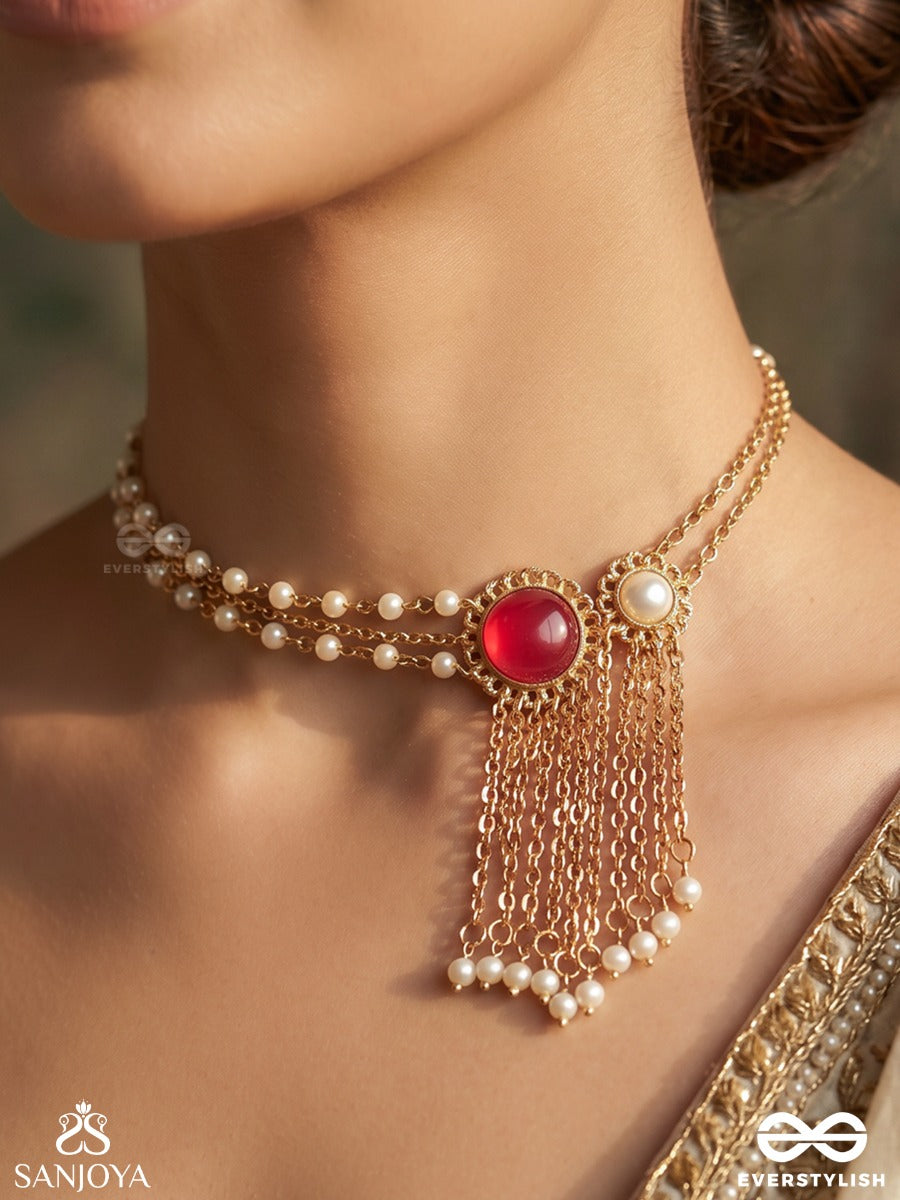 Prerisha – Inspired Beauty – Ornate Necklace With Decorative Round Elements, Pearl Side Strands And Flowing Chain Hangings
