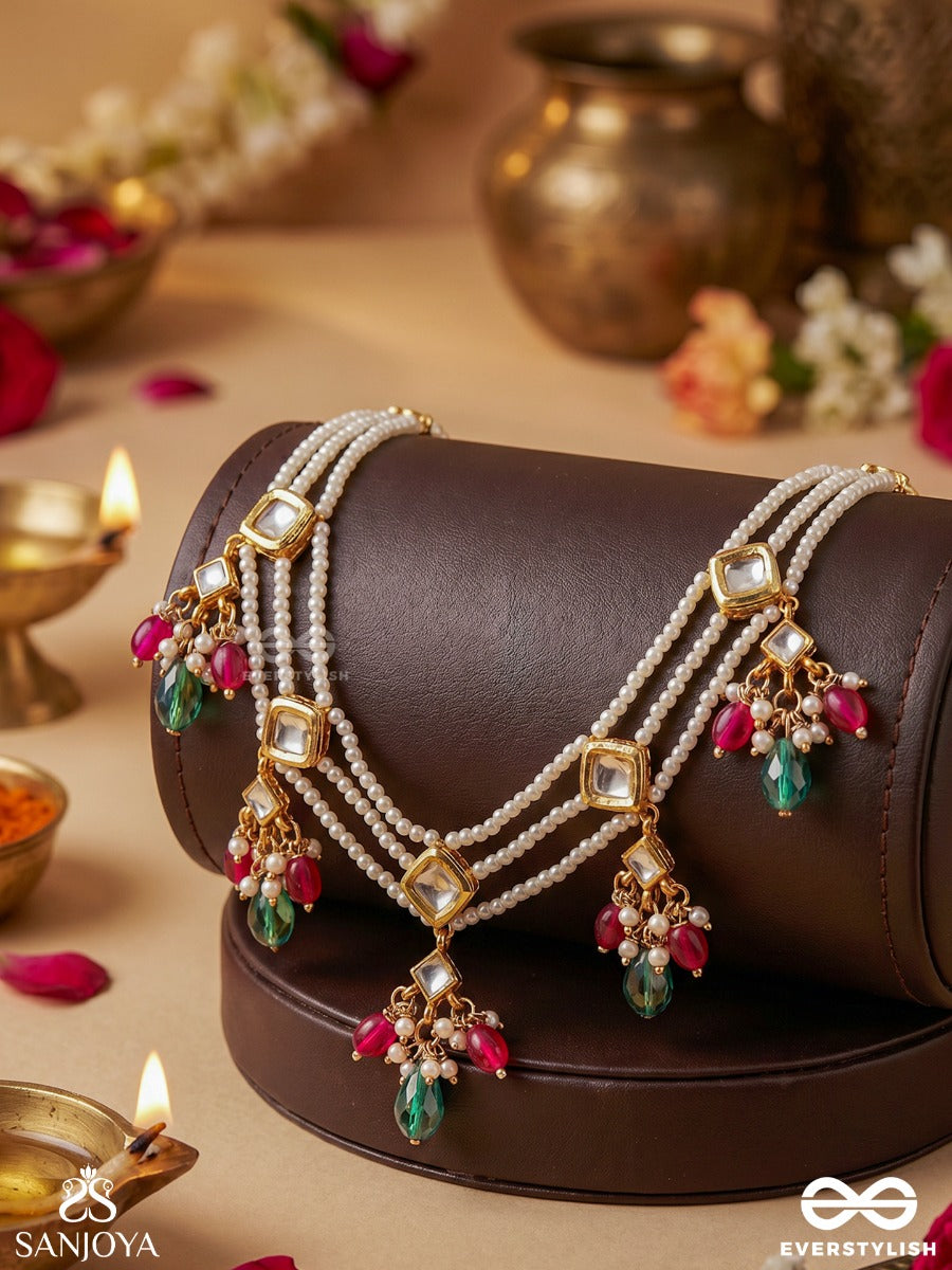 Mehrjhumki – Radiant Sway – Ornate Choker With Pearl Strands, Geometric Stone Links And Colourful Bead Danglers