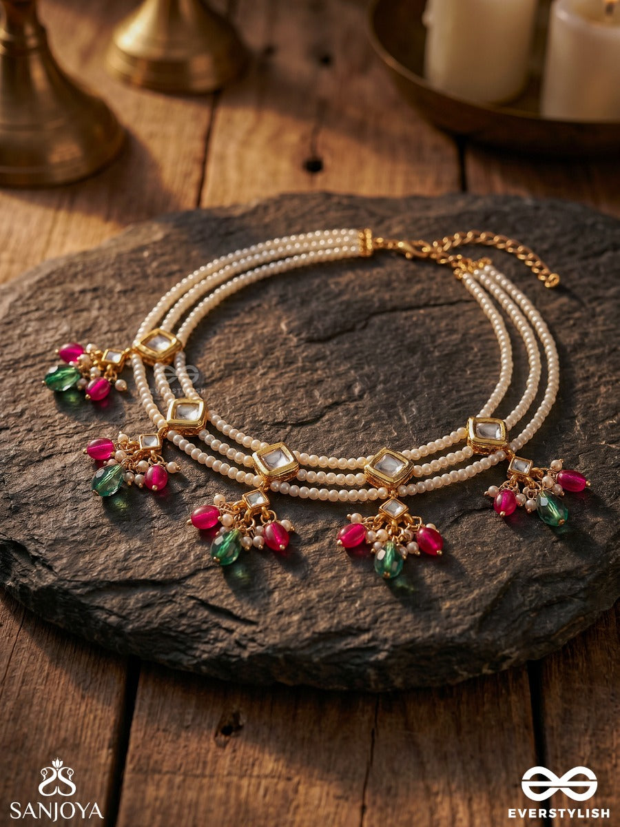 Mehrjhumki – Radiant Sway – Ornate Choker With Pearl Strands, Geometric Stone Links And Colourful Bead Danglers