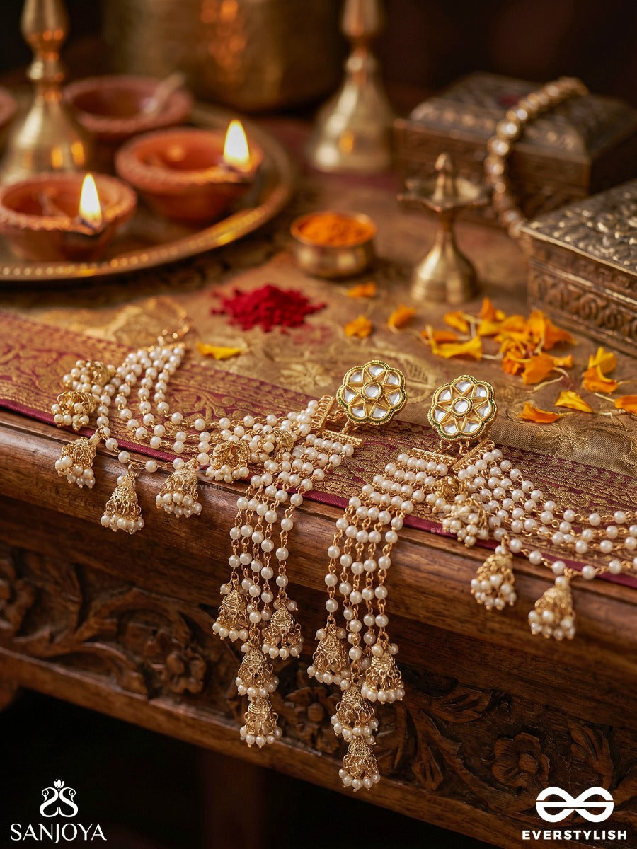 Kundalini – Flow Of Ornament – Festive Earrings With Earchain, Embellished Round Motifs, Layered Pearl Strands And Delicate Floral Hangings