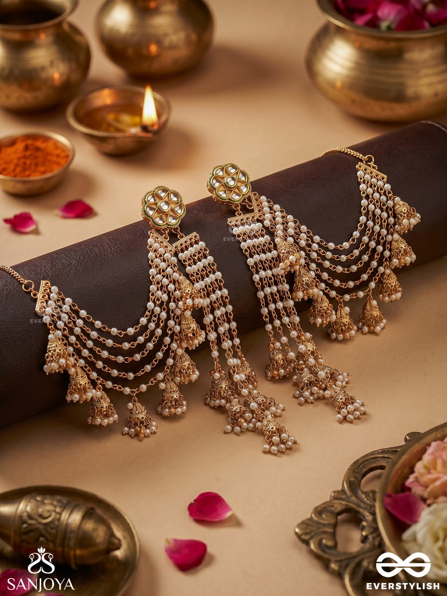Kundalini – Flow Of Ornament – Festive Earrings With Earchain, Embellished Round Motifs, Layered Pearl Strands And Delicate Floral Hangings
